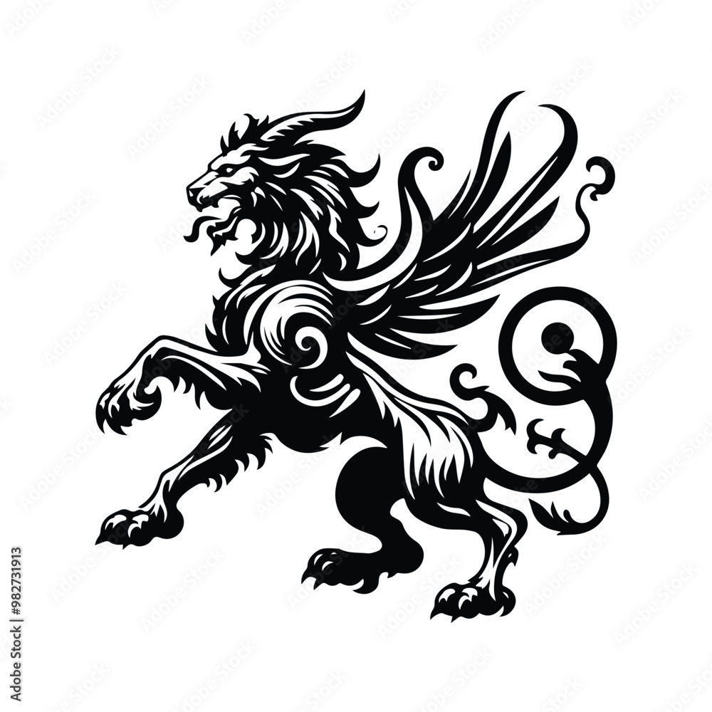 Chimera creature with victorian flourish decoration in black and white illustrations, cutout graphic Chimera creature with victorian flourish decoration in black and white illustrations, cutout graphic
