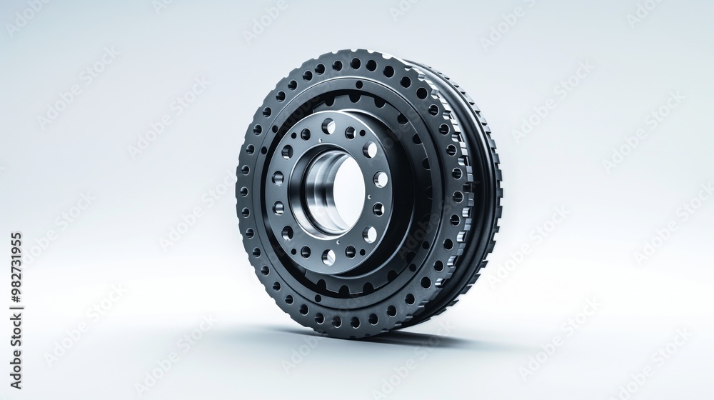 Obraz premium Metal gear component with precision holes, used in automotive or industrial machinery, against a white background.