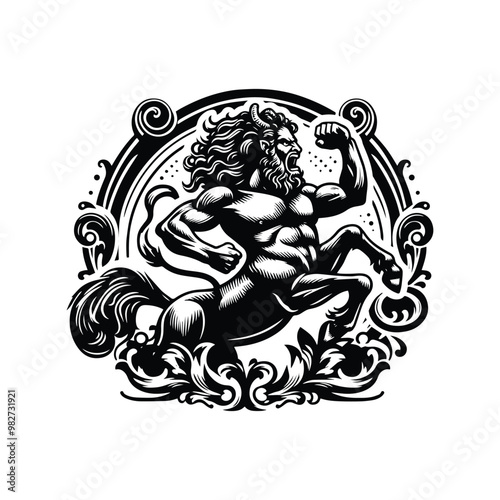 Centaur Male warrior with victorian flourish in black and white illustrations, cutout graphic black and white illustration