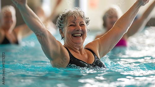 A joyful elderly woman swimming in a pool, enjoying water aerobics with others. photo