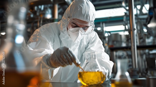 Engineer conducting crude oil sample testing in refinery lab wearing protective clothing