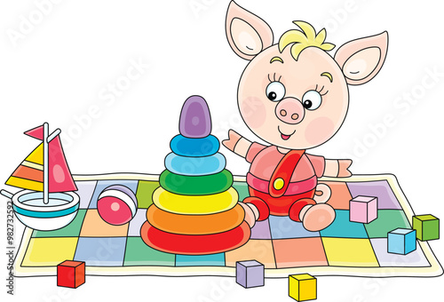 Happy little piglet romping and playing with its baby toys on a colorful carpet in a playroom, vector cartoon illustration on a white background