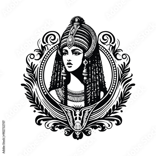 cleopatra inside victorian flourish, in black and white illustrations, cutout graphic