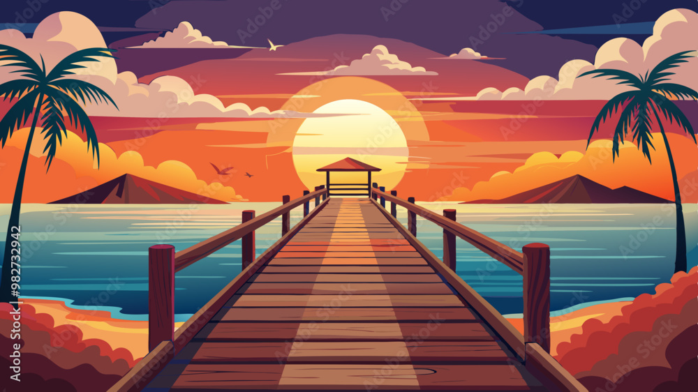 Beautiful sunset on the wooden pier at the beach