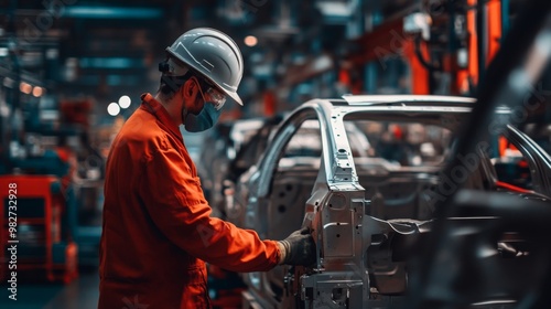 Engineer worker in automotive factory car manufacturing process, assembly line production