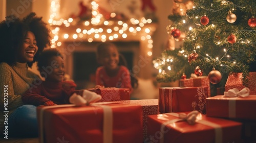 Christmas presents stacked under the tree as a family celebrates together, exchanging gifts and sharing laughter in a festive room.