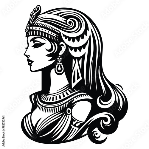 cleopatra with victorian flourish decoration in black and white illustrations, cutout graphic