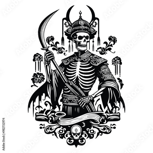 chinese warior skeleton with victorian flourish decoration in black and white illustrations, cutout graphic