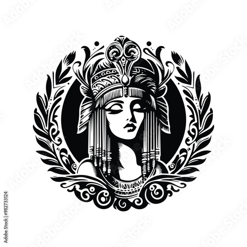 cleopatra with victorian flourish decoration in black and white illustrations, cutout graphic