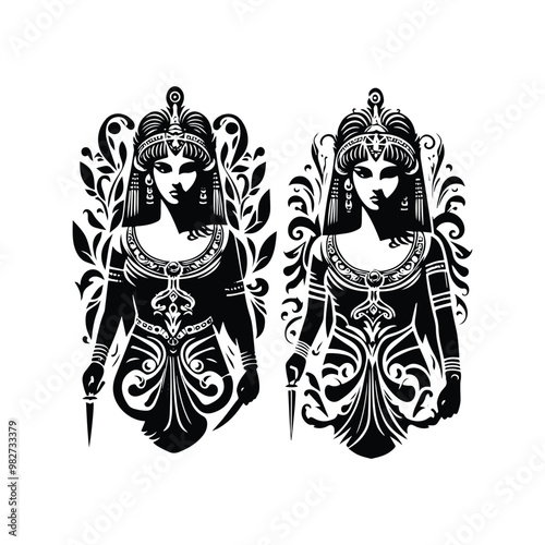 cleopatra with victorian flourish decoration in black and white illustrations, cutout graphic