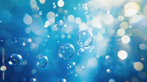 Bubbles of oxygen suspended in clear blue water, illuminated by sunlight, forming a refreshing and tranquil underwater scene.