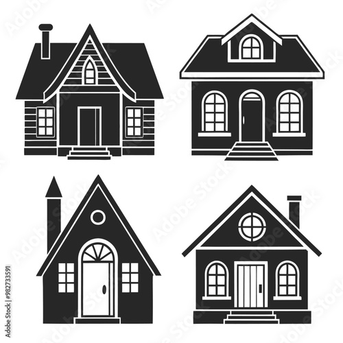 Modern House Silhouette Vector Art Bundle: Suburban Home Illustrations Set.