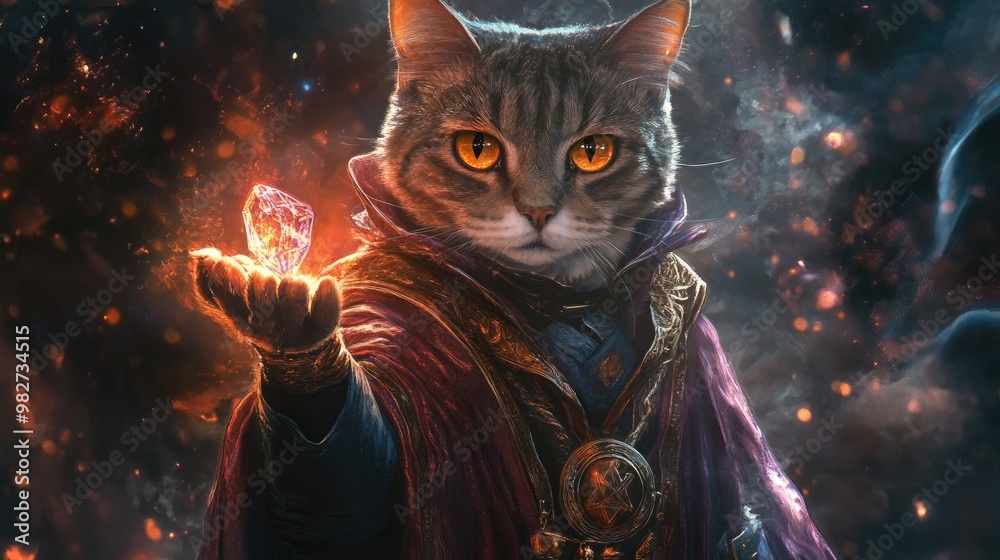 Fototapeta Cat in a wizard's robe, holding a glowing crystal in its paw, set against a mystical background, embodying magical charm.