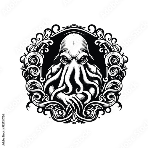 Cthulu creature with victorian flourish, in black and white illustrations, cutout graphic