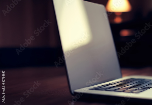 A silver apple laptop is open on a wooden table. The laptop is turned on and the screen is black