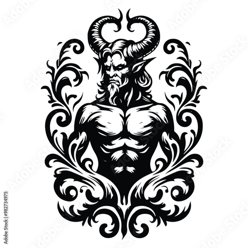 Devil with victorian flourish decoration in black and white illustrations, cutout graphic