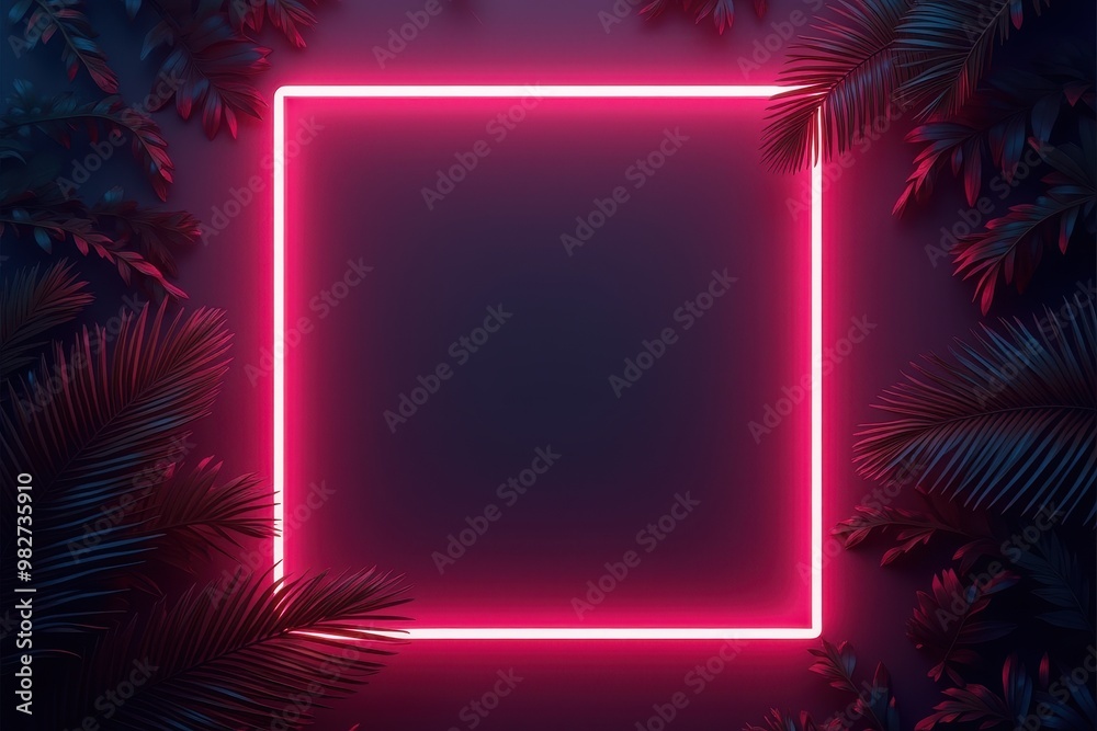 Neon Pink Square Frame with Tropical Palm Leaves Neon Pink Square Frame with Tropical Palm Leaves