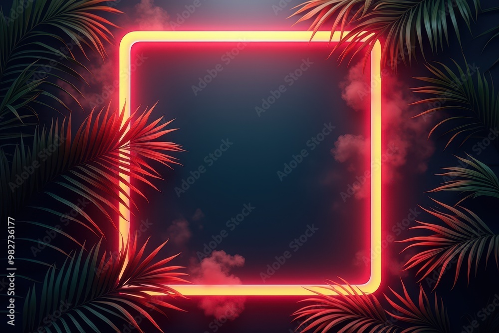 Neon Square Frame with Tropical Leaves and Smoke Neon Square Frame with Tropical Leaves and Smoke