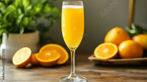 Depict a vibrant mimosa, with its fresh orange juice and champagne blend, served in a tall flute, perfect for a stylish brunch.