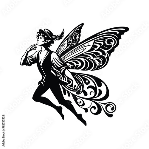 Wallpaper Mural fairy male with victorian flourish decoration in black and white illustrations, cutout graphic black and white illustration Torontodigital.ca