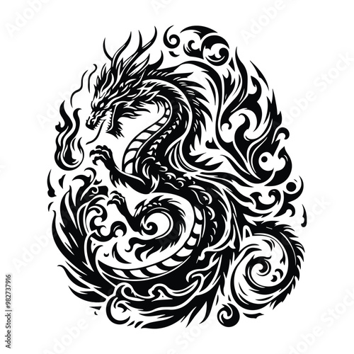 fire dragon with victorian flourish, in black and white illustrations, cutout graphic