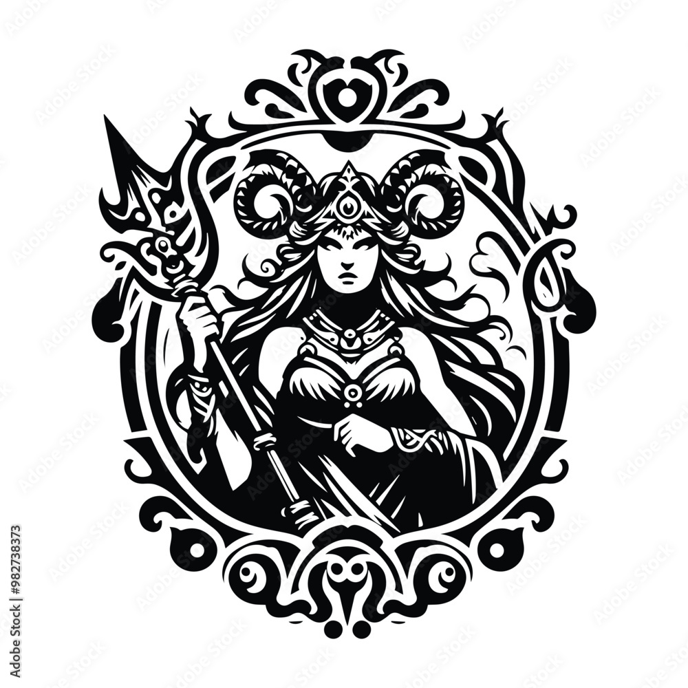 Fototapeta premium Freya goddess with victorian flourish decoration in black and white illustrations, cutout graphic