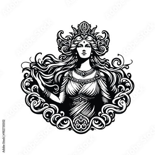 Freya goddess with victorian flourish decoration in black and white illustrations, cutout graphic