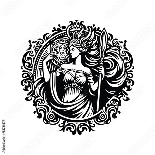 Freya goddess with victorian flourish decoration in black and white illustrations, cutout graphic