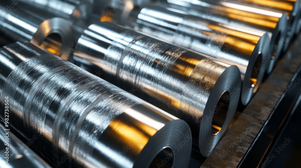 gleaming rolls of galvanized steel arranged in precise rows on a factory conveyor belt reflecting industrial lighting and showcasing metallic textures