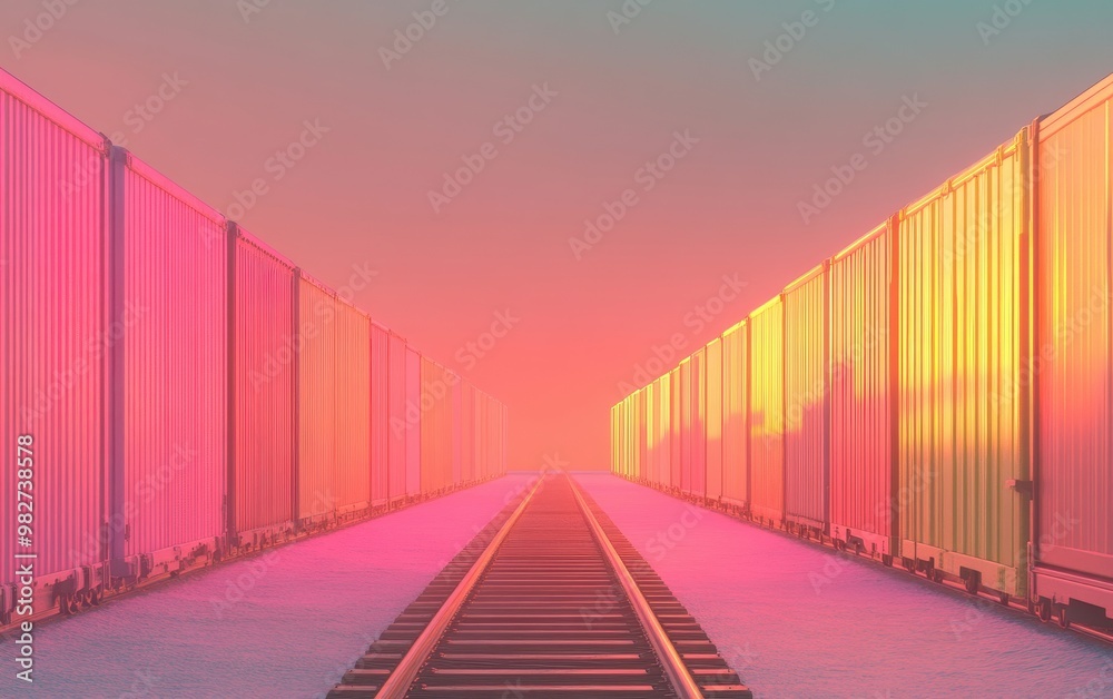 Vibrant sunset over railway tracks framed by colorful shipping containers, creating a serene and captivating landscape. Vibrant sunset over railway tracks framed by colorful shipping containers, creating a serene and captivating landscape.