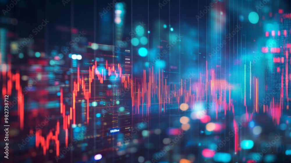 Obraz premium A creative composition of various stock market graphs and charts overlaid on a blurred cityscape background, emphasizing financial trends.