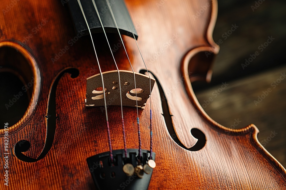 Close-up of a violin with bow and strings. Close-up of a violin with bow and strings.