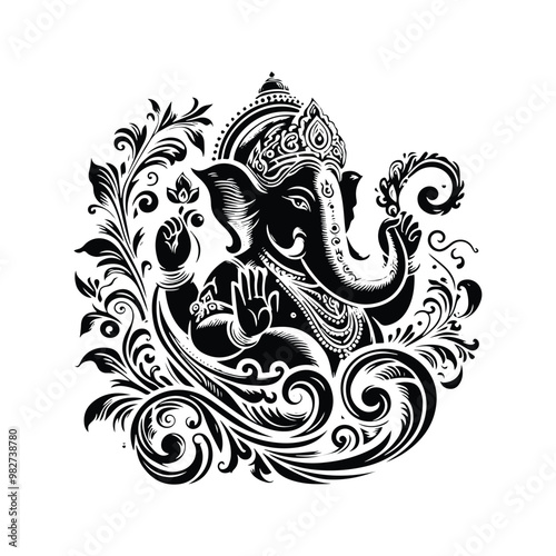 Ganesha hindu god with victorian flourish decoration in black and white illustrations, cutout graphic