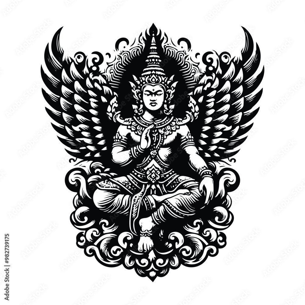 Obraz premium Garuda with victorian flourish decoration in black and white illustrations, cutout graphic