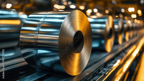 gleaming rolls of galvanized steel arranged in precise rows on a factory conveyor belt reflecting industrial lighting and showcasing metallic textures