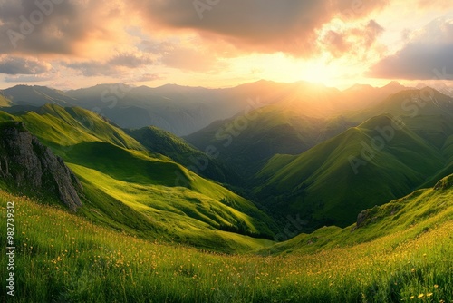 Panoramic view of the green mountains and hills at sunset. Gumbashi Pass in North Caucasus, Russia. Beautiful summer landscape , ai