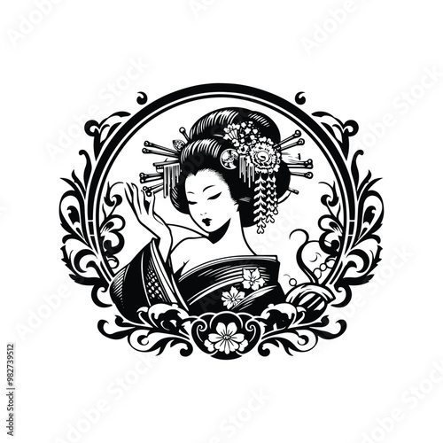 geisha inside victorian flourish, in black and white illustrations, cutout graphic