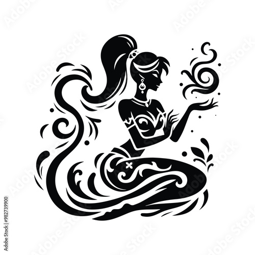 Genie female with victorian flourish decoration in black and white illustrations, cutout graphic black and white illustration