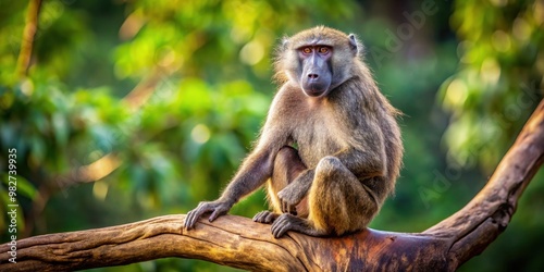Baboon perched gracefully on tree branch, wildlife, primate, nature, animal, sitting, forest, tree, branch, cute, adorable