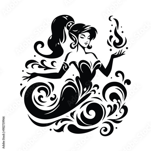 Genie female with victorian flourish decoration in black and white illustrations, cutout graphic black and white illustration