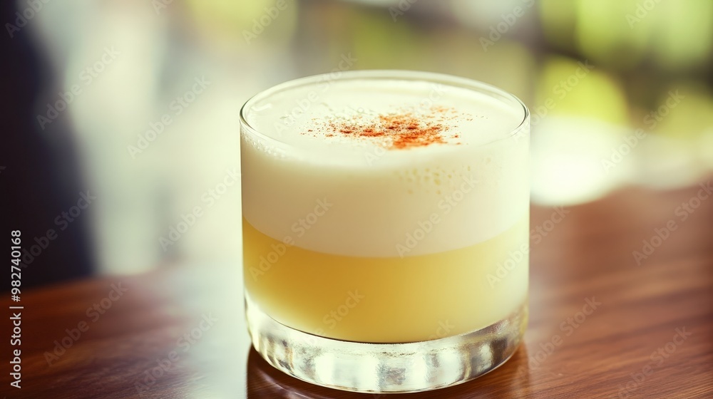 Illustrate a stylish pisco sour, with its smooth, frothy top and a sprinkle of bitters, served in a rocks glass. Illustrate a stylish pisco sour, with its smooth, frothy top and a sprinkle of bitters, served in a rocks glass.