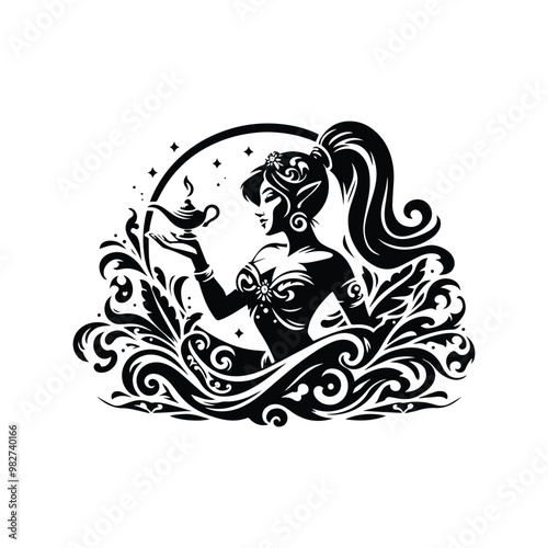 Genie female with victorian flourish decoration in black and white illustrations, cutout graphic black and white illustration