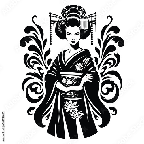 geisha with victorian flourish decoration in black and white illustrations, cutout graphic