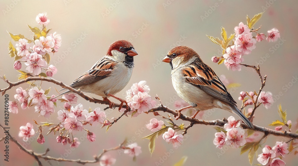 two sparrows sitting on a blossoming branch surrounded by spring flowers capturing the essence of wildlife in a peaceful nature scene two sparrows sitting on a blossoming branch surrounded by spring flowers capturing the essence of wildlife in a peaceful nature scene