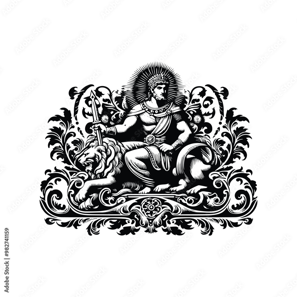 Gilgamesh with victorian flourish decoration in black and white illustrations, cutout graphic Gilgamesh with victorian flourish decoration in black and white illustrations, cutout graphic