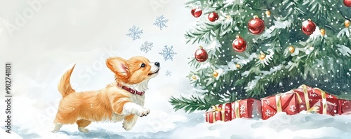 Puppy chasing snowflakes by a decorated Christmas tree, joyful winter scene, watercolor style