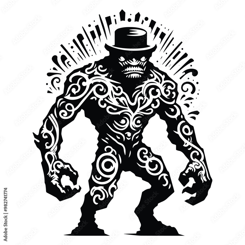 Golem creature with victorian flourish decoration in black and white illustrations, cutout graphic o Golem creature with victorian flourish decoration in black and white illustrations, cutout graphic o