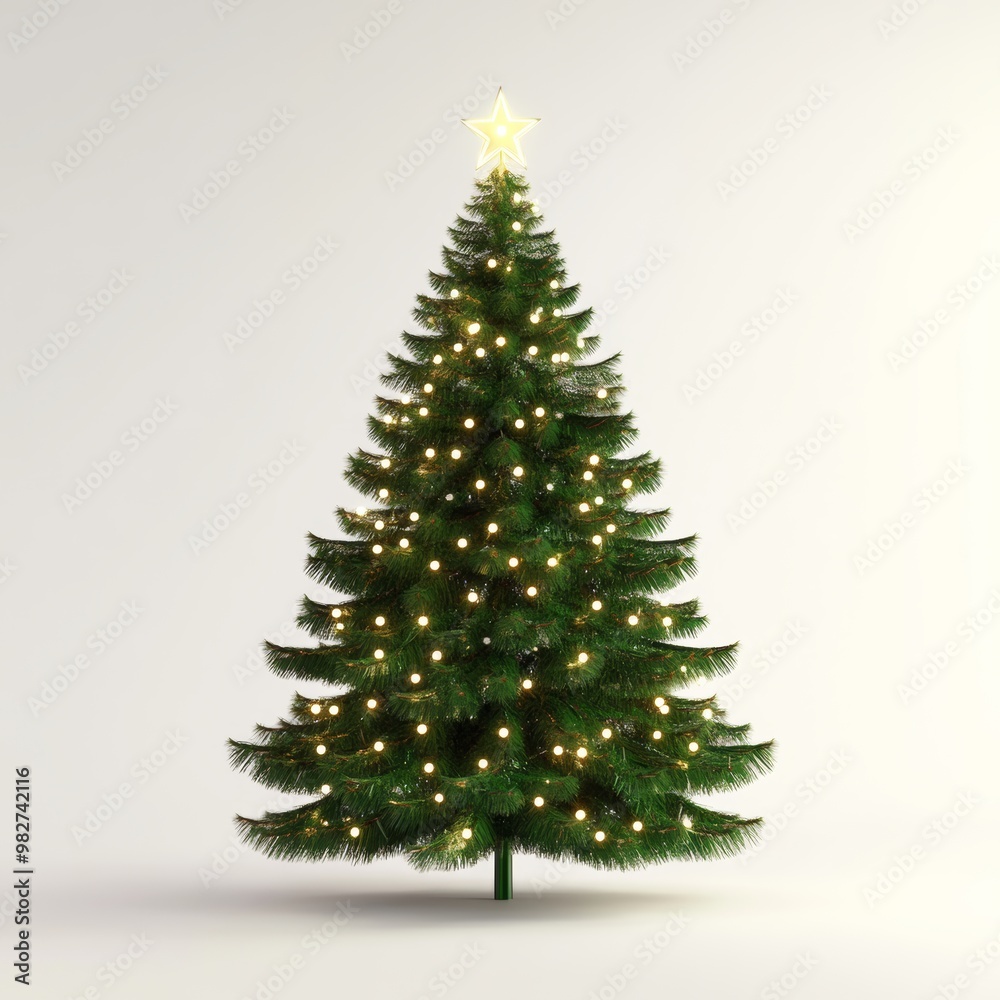 Minimalist 3D render of a shiny green Christmas tree with soft, glowing lights and a bright star on top, set against a clean white background