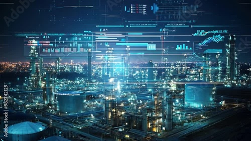 Wallpaper Mural An infrastructure of a petrochemical plant featuring storage tanks, facilities for producing oil, and a wide banner featuring holographic HUD data on price trends. Torontodigital.ca