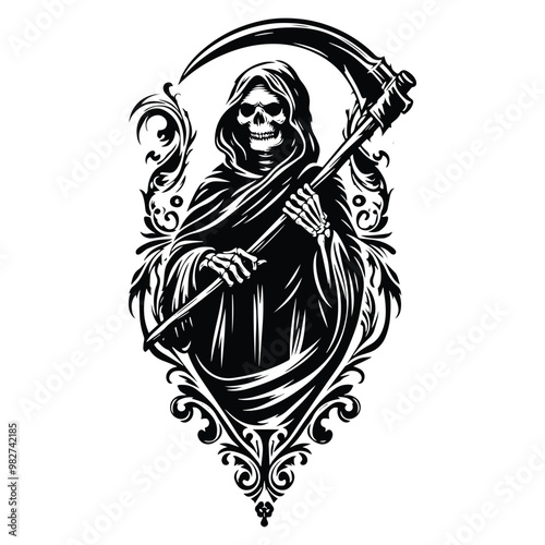grim reaper with victorian flourish decoration in black and white illustrations, cutout graphic
